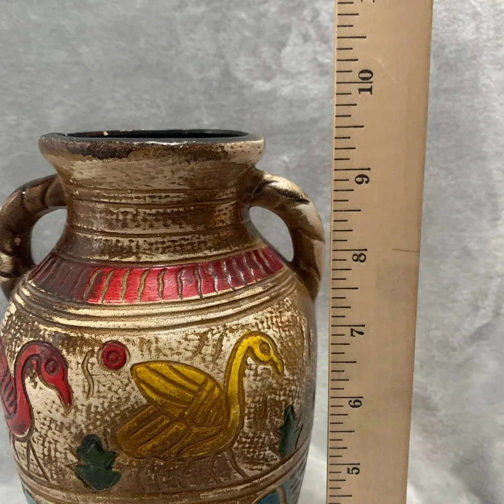 Vintage Style Faux Pottery Plastic Decorative Vase Bird Motif Tan Multi